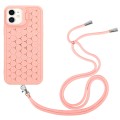 For iPhone 11 Honeycomb Radiating Lens Holder Magsafe Phone Case with Lanyard(Pink)