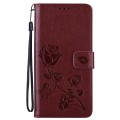 For iPhone 15 Rose Embossed Flip PU Leather Phone Case(Brown)