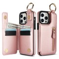 For iPhone 15 Pro Litchi Texture Zipper Double Buckle Card Bag Phone Case(Rose Gold)