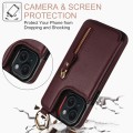 For iPhone 15 Litchi Texture Zipper Double Buckle Card Bag Phone Case(Maroon Red)