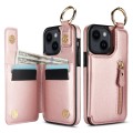 For iPhone 14 Plus Litchi Texture Zipper Double Buckle Card Bag Phone Case(Rose Gold)