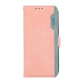 For iPhone 15 ABEEL Color Block Magnetic RFID Leather Phone Case(Pink-Cyan)