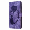For iPhone 15 Pen Heart Cat Embossed Leather Phone Case(Purple)