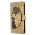 For iPhone 14 Plus Pen Heart Cat Embossed Leather Phone Case(Apricot)