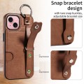 For iPhone 15 Plus Calf Texture Wrist Card Slot Ring Phone Case(Brown)