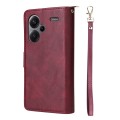 For Xiaomi Redmi Note 13 Pro+ 9 Card Slots Zipper Wallet Bag Leather Phone Case(Wine Red)