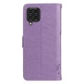 For Samsung Galaxy M62 / F62 Tree & Cat Embossed Pattern Flip Leather Phone Case(Light Purple)