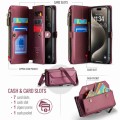 For iPhone 15 Pro Max CaseMe C36 Card Slots Zipper Wallet RFID Anti-theft Leather Phone Case(Wine Re