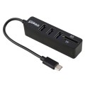 2 in 1 TF & SD Card Reader + 3 x USB Ports to USB-C / Type-C HUB Converter, Total Length: 24cm(Black