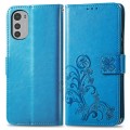For Motorola Moto E32 Four-leaf Clasp Embossed Buckle Leather Phone Case(Blue)