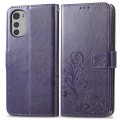 For Motorola Moto E32 Four-leaf Clasp Embossed Buckle Leather Phone Case(Purple)