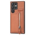 For Samsung Galaxy S22 Ultra 5G Carbon Fiber Vertical Flip Zipper Wallet Phone Case(Brown)