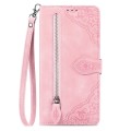 For Google Pixel 9 Embossed Flower Zipper Leather Phone Case(Pink)