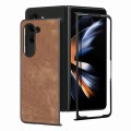 For Samsung Galaxy Z Fold5 JUNSUNMAY Retro Pattern Leather Skin PC Folding Phone Case(Brown)