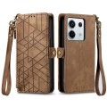 For Redmi Note 13 Pro 5G Global Geometric Zipper Wallet Side Buckle Leather Phone Case(Brown)