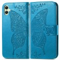 For Samsung Galaxy A05 Butterfly Love Flower Embossed Leather Phone Case(Blue)