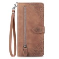 For Samsung Galaxy Note20 Embossed Flower Zipper Leather Phone Case(Brown)