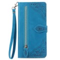 For Samsung Galaxy S10+ Embossed Flower Zipper Leather Phone Case(Blue)