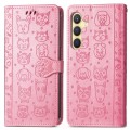 For Samsung Galaxy S24 5G Cat and Dog Embossed Leather Phone Case(Pink)
