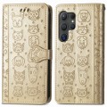 For Samsung Galaxy S24 Ultra 5G Cat and Dog Embossed Leather Phone Case(Gold)