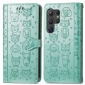 For Samsung Galaxy S24 Ultra 5G Cat and Dog Embossed Leather Phone Case(Green)