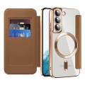 For Samsung Galaxy S22 5G Shield Magsafe RFID Anti-theft Rhombus Leather Phone Case(Brown)