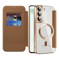For Samsung Galaxy S22+ 5G Shield Magsafe RFID Anti-theft Rhombus Leather Phone Case(Brown)