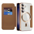 For Samsung Galaxy S24 5G Shield Magsafe RFID Anti-theft Rhombus Leather Phone Case(Brown)