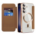 For Samsung Galaxy S24+ 5G Shield Magsafe RFID Anti-theft Rhombus Leather Phone Case(Brown)
