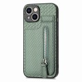 For iPhone 15 Carbon Fiber Vertical Flip Zipper Phone Case(Green)