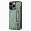 For iPhone 15 Pro Carbon Fiber Vertical Flip Zipper Phone Case(Green)