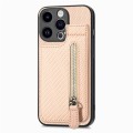 For iPhone 15 Pro Carbon Fiber Vertical Flip Zipper Phone Case(Khaki)