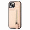 For iPhone 15 Plus Carbon Fiber Vertical Flip Zipper Phone Case(Khaki)