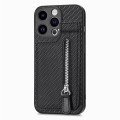 For iPhone 15 Pro Max Carbon Fiber Vertical Flip Zipper Phone Case(Black)