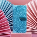 For iPhone 15 Plus Blooming Mandala Embossed Wings Buckle Leather Phone Case(Blue)