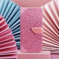 For iPhone 14 Plus Blooming Mandala Embossed Wings Buckle Leather Phone Case(Pink)