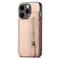 For iPhone 15 Pro Carbon Fiber Horizontal Flip Zipper Wallet Phone Case(Khaki)