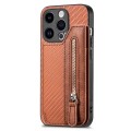 For iPhone 15 Pro Carbon Fiber Horizontal Flip Zipper Wallet Phone Case(Brown)