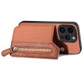 For iPhone 15 Plus Carbon Fiber Horizontal Flip Zipper Wallet Phone Case(Brown)
