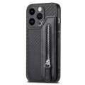 For iPhone 15 Pro Max Carbon Fiber Horizontal Flip Zipper Wallet Phone Case(Black)