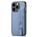 For iPhone 15 Pro Max Carbon Fiber Horizontal Flip Zipper Wallet Phone Case(Blue)
