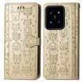 For  Xiaomi 14 Pro Cat and Dog Embossed Leather Phone Case(Gold)