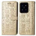 For Xiaomi 14 Cat and Dog Embossed Leather Phone Case(Gold)