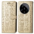 For Xiaomi 14 Ultra Cat and Dog Embossed Leather Phone Case(Gold)