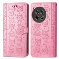 For OnePlus Ace 3 Cat and Dog Embossed Leather Phone Case(Pink)