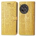 For OnePlus Ace 3 Cat and Dog Embossed Leather Phone Case(Yellow)