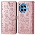For OnePlus 12R Cat and Dog Embossed Leather Phone Case(Rose Gold)