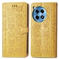 For OnePlus 12R Cat and Dog Embossed Leather Phone Case(Yellow)