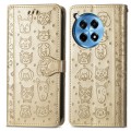 For OnePlus 12R Cat and Dog Embossed Leather Phone Case(Gold)