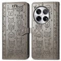 For OnePlus 12 Cat and Dog Embossed Leather Phone Case(Grey)